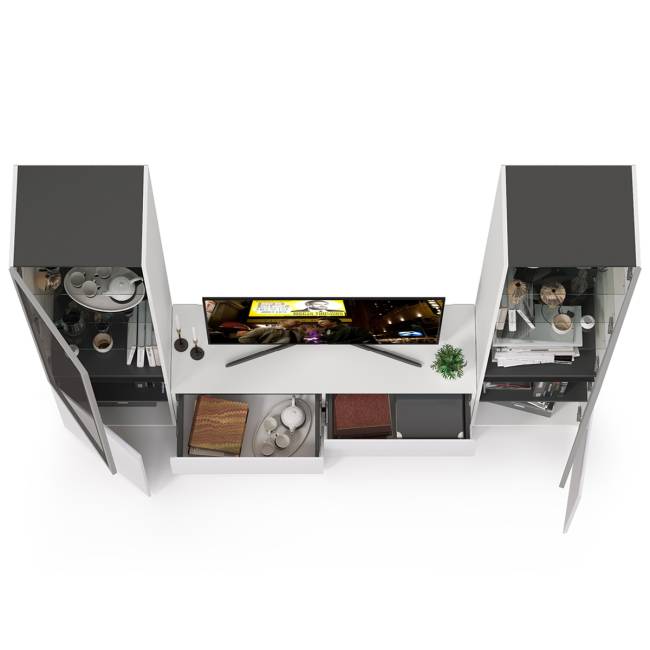 Стенка для гостиной со стеклянными фасадами Сидней № 11 цвет белый/чёрный/фасады МДФ белый глянец Стенка для гостиной со стеклянными фасадами Сидней № 11 цвет белый/чёрный/фасады МДФ белый глянец