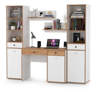 Компьютерный стол с двумя полками и двумя пеналами Вуди цвет белый премиум/дуб крафт золотой