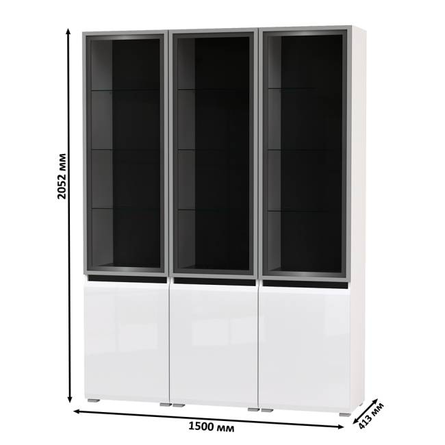 Горка в гостиную с с тремя стеклянными дверками Сидней 13.201 цвет белый/чёрный/МДФ белый глянец