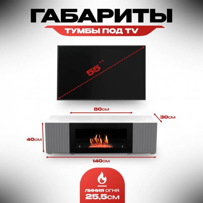 Тумба под ТВ с биокамином SteelHeat LIVORNO IMPULSE 140 см (корпус белый / фасады гротто гранит)