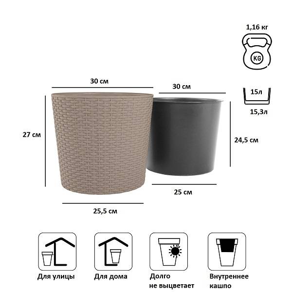 Кашпо для цветов RATO ROUND DRTUS300L-7529U мокко 2 предмета 15 и 15.3л Кашпо для цветов RATO ROUND DRTUS300L-7529U мокко 2 предмета 15 и 15.3л