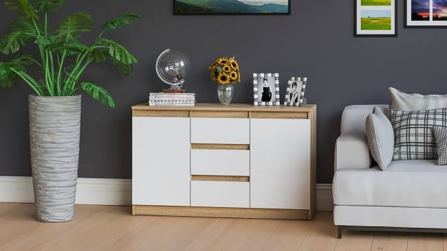 Комод-тумба три ящика и две дверки Мори МК1200.3 цвет дуб сонома/белый