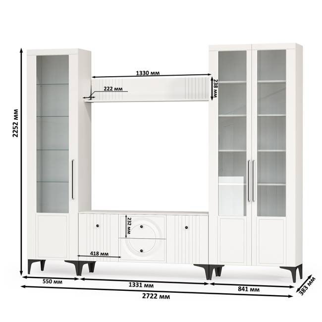 Стенка для гостиной с сервантом Валенсия № 60 цвет белый шагрень