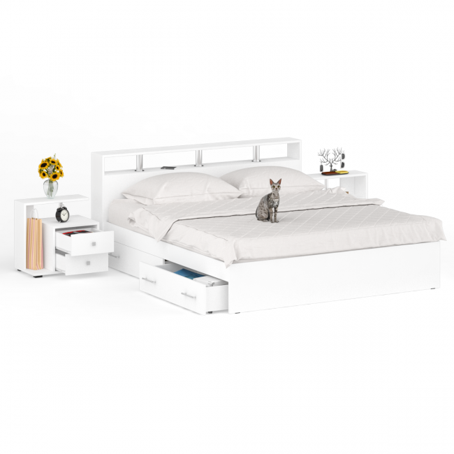 Кровать с ящиками 1800 Камелия + две тумбы цвет белый