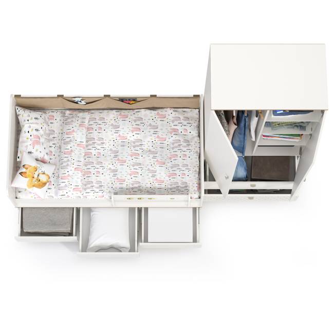 Детская кровать с ящиками для белья и шкафом для детской одежды Эйп цвет белый/дуб белый