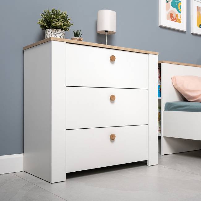 Комод три ящика Джастин 16.228.03 цвет белый шагрень/дуб белый эксклюзив Комод три ящика Джастин 16.228.03 цвет белый шагрень/дуб белый эксклюзив