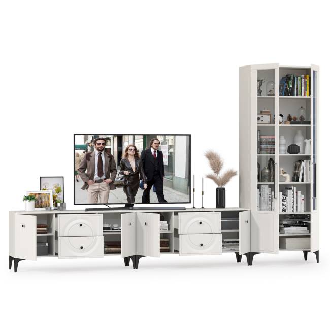 Две тумбы под аппаратуру и сервант Валенсия цвет белый шагрень